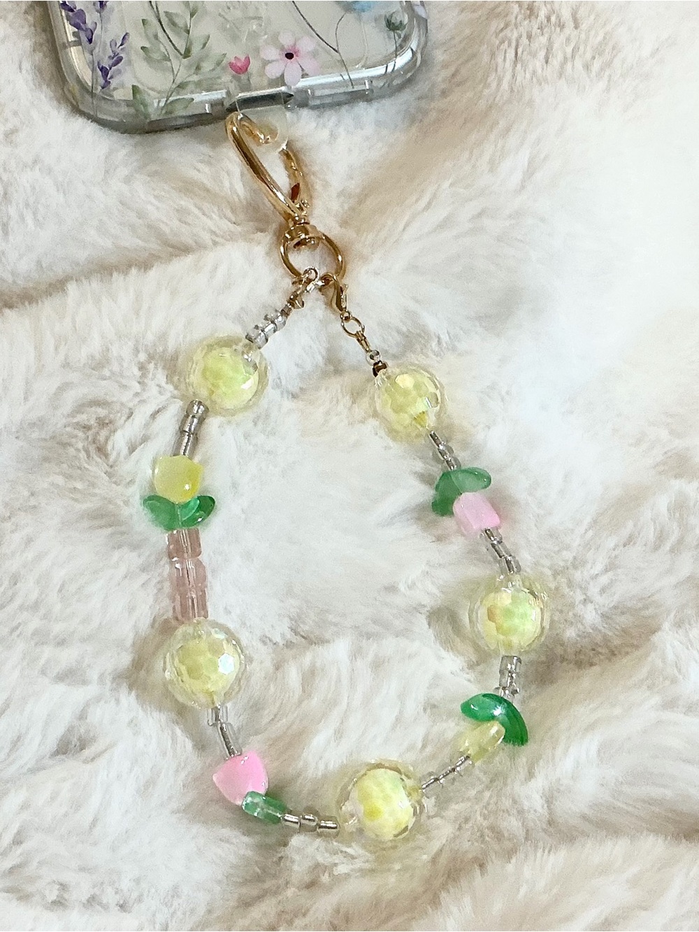 Handmade 🍋 Phone Charm Wristlet with Pastel Yellow & Flower Accents